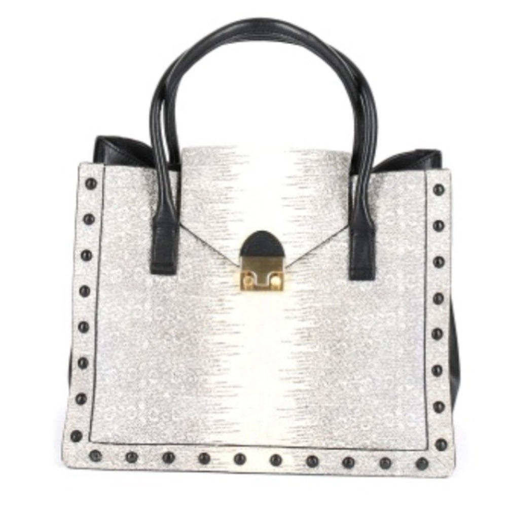 Loeffler Randall work bag tote purse reptile snakeskin python black bag office - Picture 2 of 12